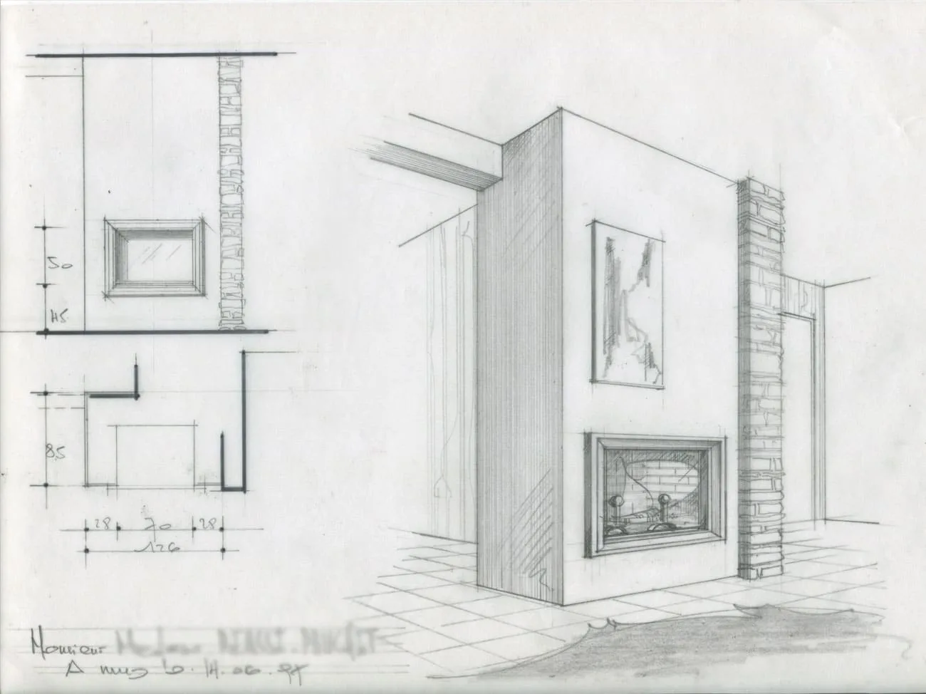 Archives Origine : croquis d'implantation d'une cheminée dessiné à la main