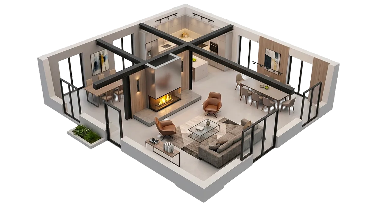 Vue 3D d'une maison en coupe montrant l'implantation d'une cheminée